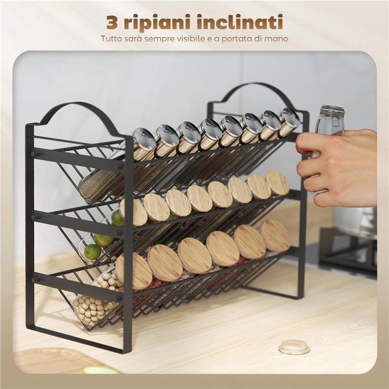 PORTASPEZIE DA CUCINA A 3 LIVELLI, ORGANIZER SALVASPAZIO CON RIPIANI INCLINATI IN METALLO, NERO