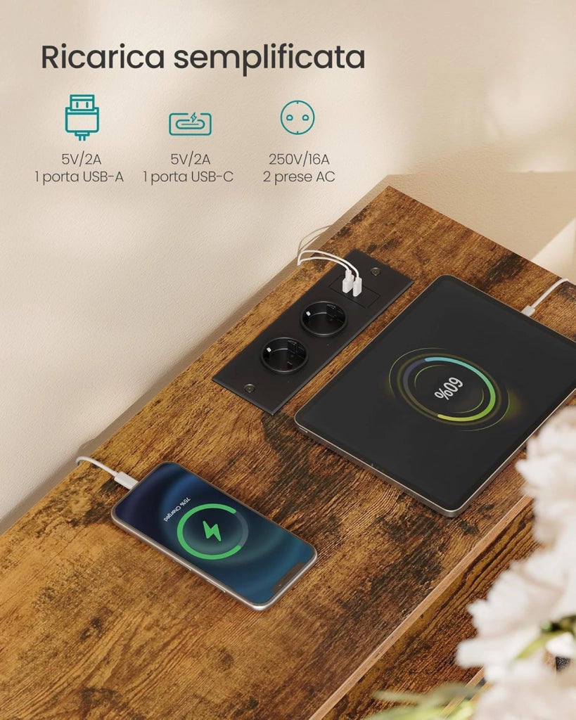 SONGMICS BELLAH Collezione - Cassettiera con LED Regolabile Controllato da APP, Mobile con Prese, 1 Ripiano, 5 Cassetti, Industriale, Marrone Vintage e Nero Inchiostro LGS723KD01