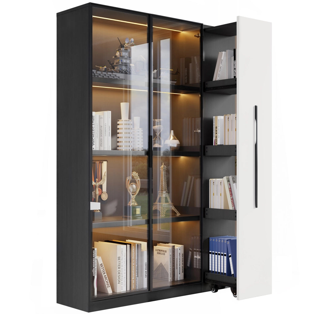 Vetrina Libreria con Anta in Vetro e LED; Ripiano Laterale Estraibile con Ruote; MDF; Nero e Bianco; 110;5??35??160 cm