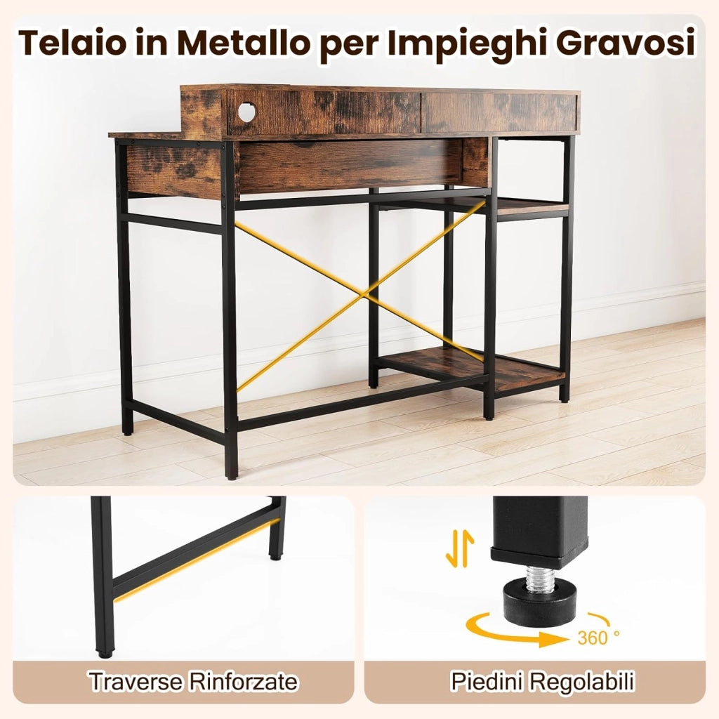 Scrivania Salvasapzio per Computer con Stazione di Ricarica 106 x 48 cm, Mensola sopra Tavolo, Cassetto e Libreria Laterale a 2 Ripiani, Tavolo Industriale per Ufficio e Casa (Marrone Rustico)