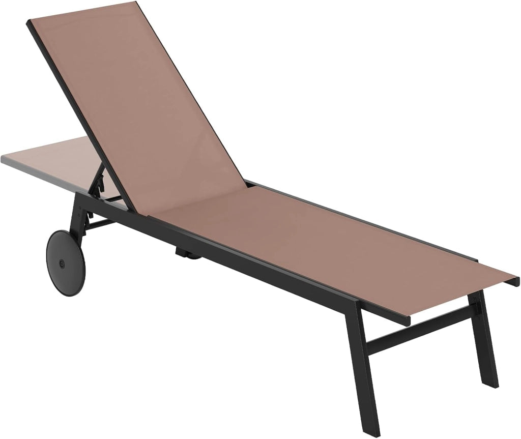 Set di 1/2 Sedie a Sdraio da Giardino con Ruote, Lettino Prendisole Reclinabile con Schienale Regolabile in 6 Posizioni, Lettino da Spiaggia in Tessuto e Metallo, Carico 150 kg (1, Caffè)