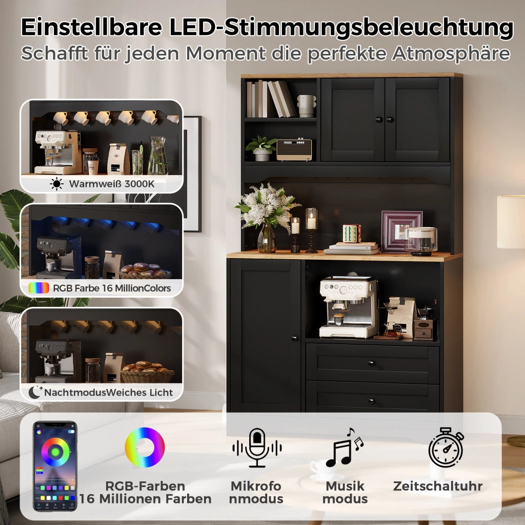 Credenza cucina multifunzione con LED, prese USB e ripiani regolabili