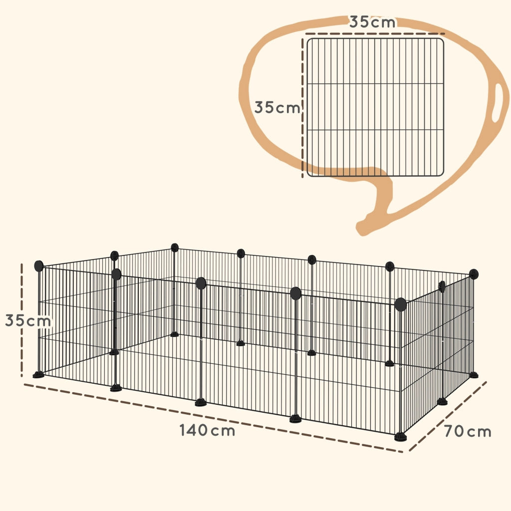 Recinto per Animali Modulabile e Multilivello 140x70x35 cm con 12 Pannelli e Bordi Arrotondati in Metallo e ABS Nero
