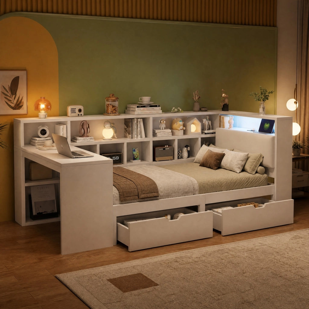 Letto singolo 90x200 con scrivania, libreria, LED e USB
