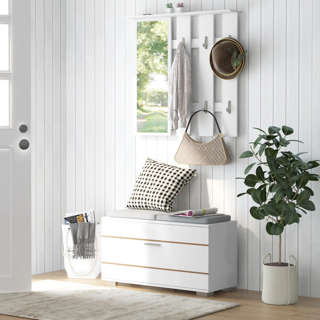 Set Ingresso con Appendiabiti, Specchio, Panca e Scarpiera ¨C Zephmum ¨C Bianco