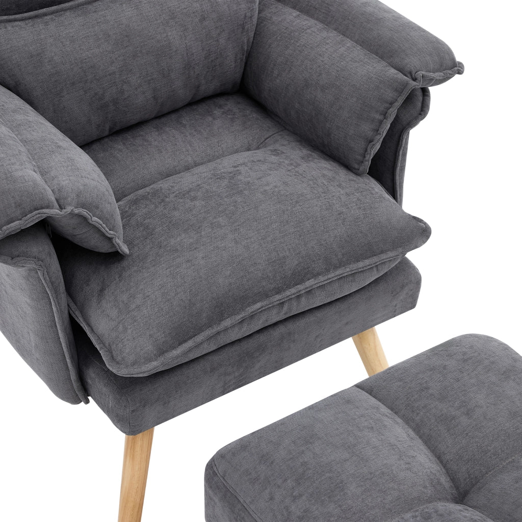 Poltrona Relax con Pouf, schienale regolabile 5 posizioni, tessuto effetto lino grigio