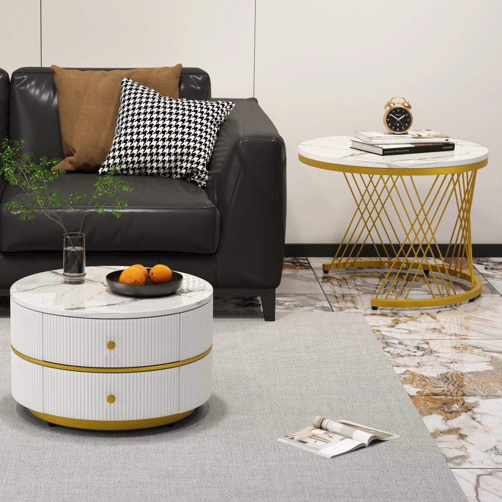 Set di 2 tavolini da caff¨¨ rotondi in MDF bianco effetto marmo lucido
