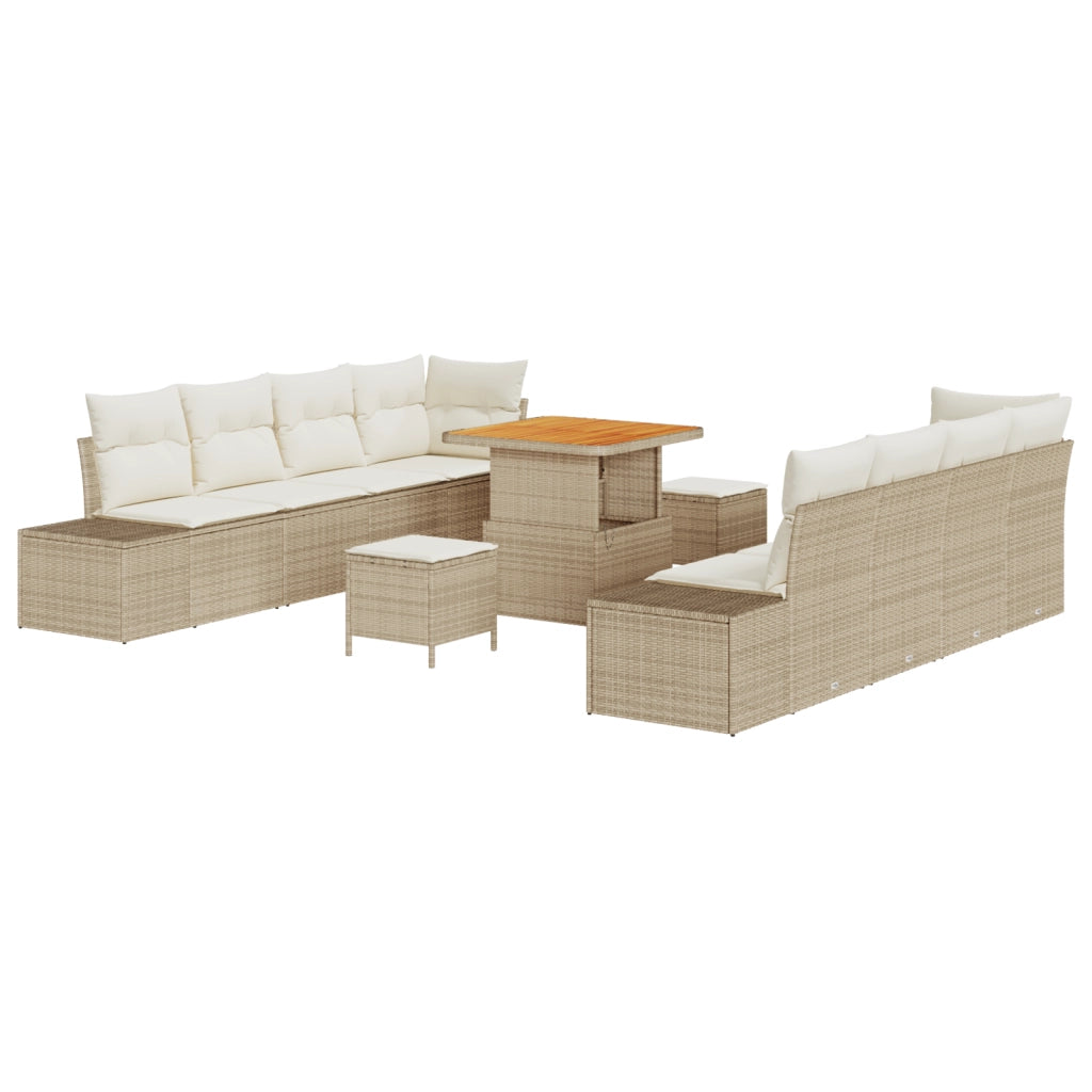 Set di Divano da Giardino 11 Pezzi con Cuscini Beige Polyrattan Acacia