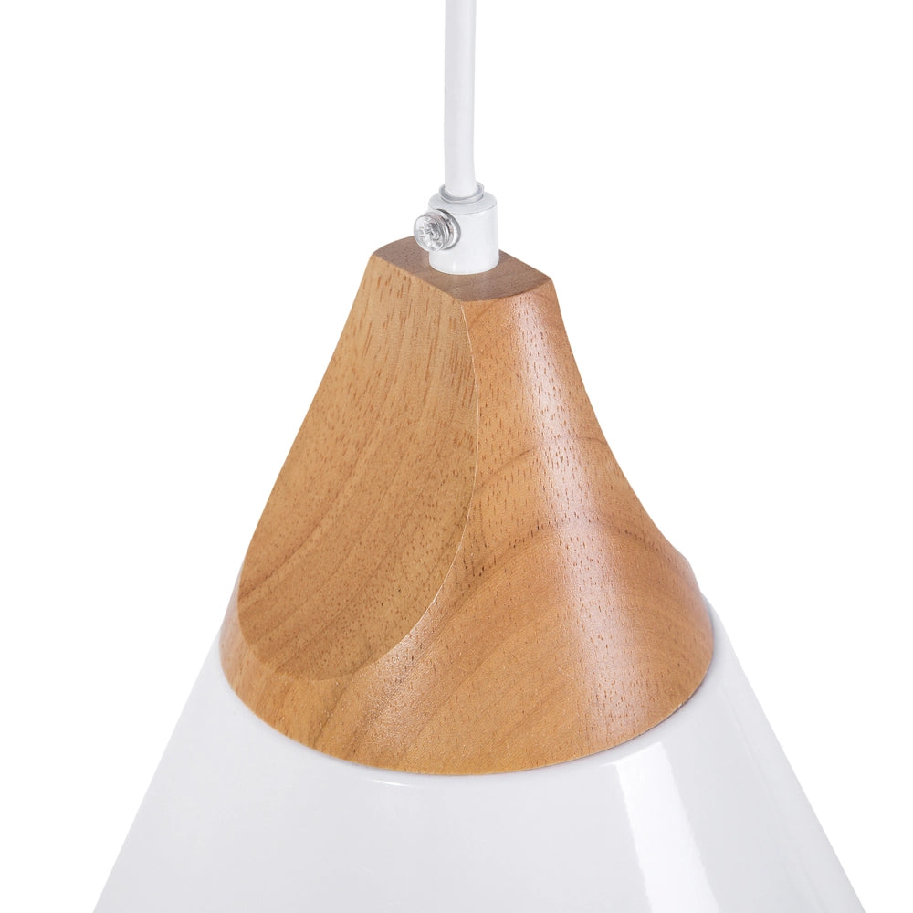 Lampadario in Metallo Bianco e Legno con Paralume a Forma di Cono