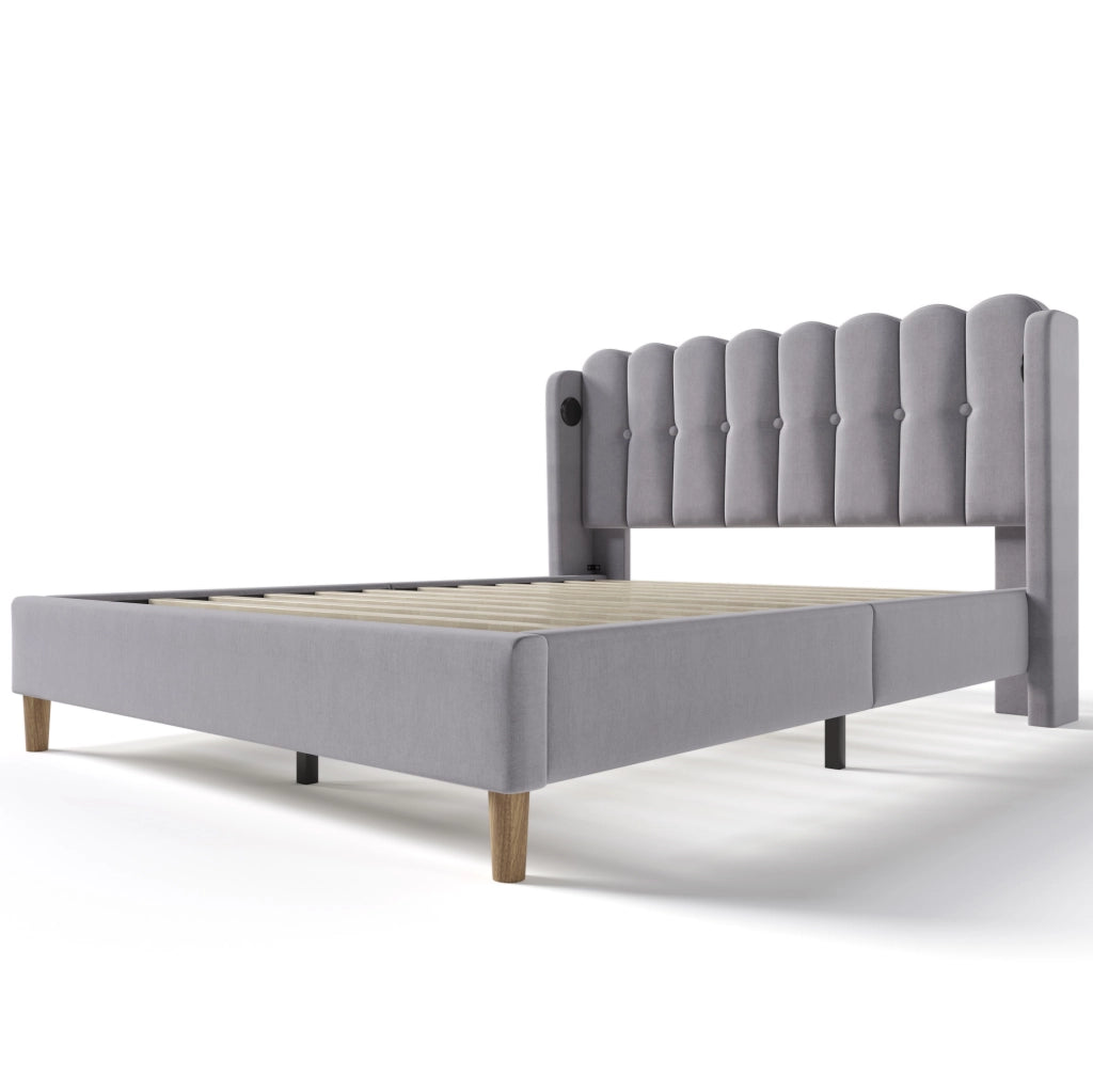 Letto imbottito 140x200 cm con USB e porta Type-C in lino grigio