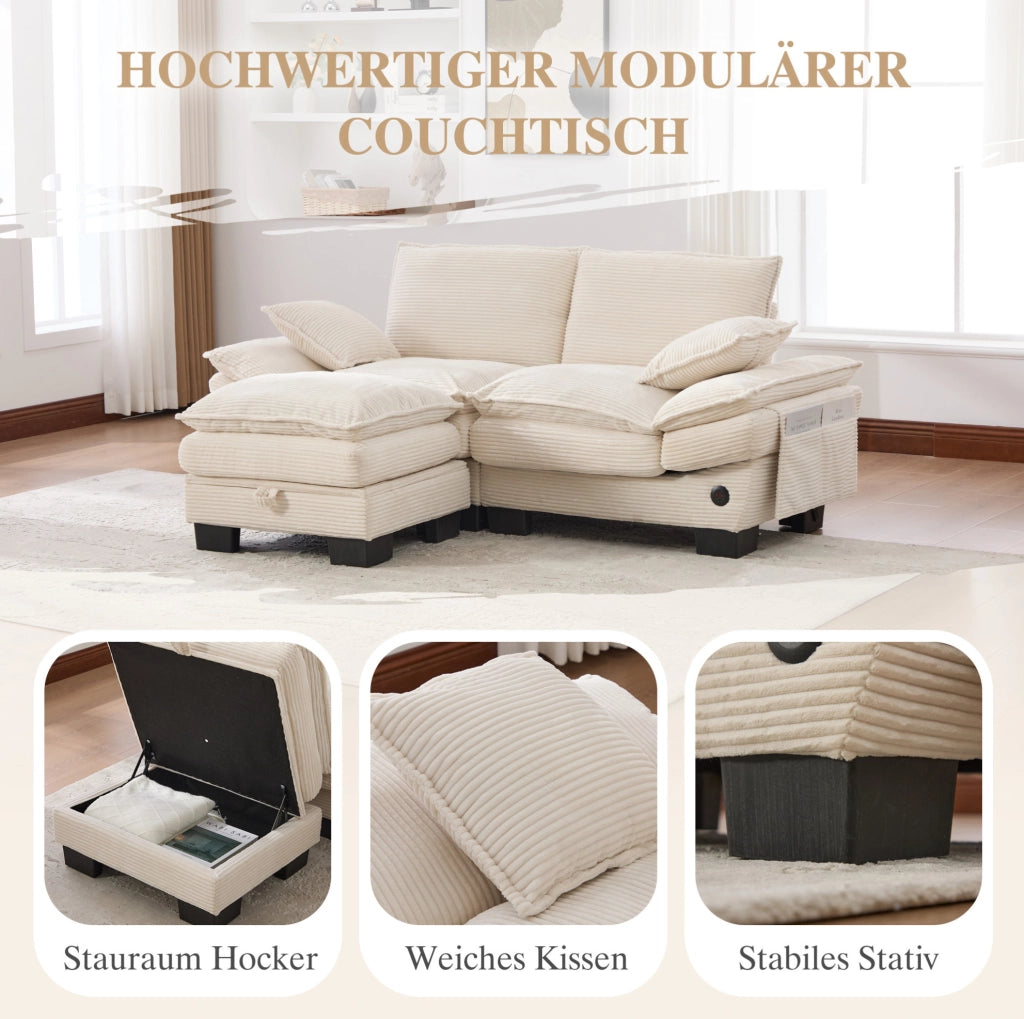 Divano 2 posti con pouf contenitore in corduroy beige; 190x132x84 cm