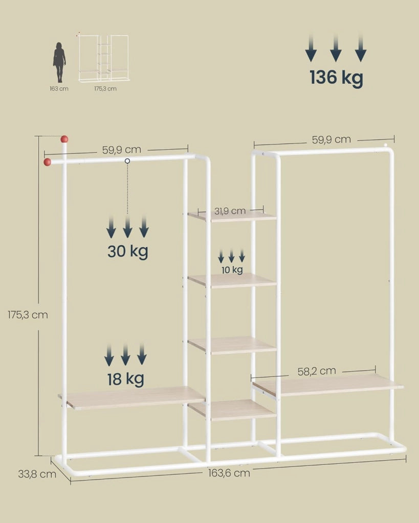 Stand Appendiabiti, Guardaroba Aperto, 6 Ripiani Portaoggetti, 2 Barre, Ganci a Forma di Fiammifero, Armadio Camera da Letto, Beige Naturale e Bianco Opaco RGR012K01
