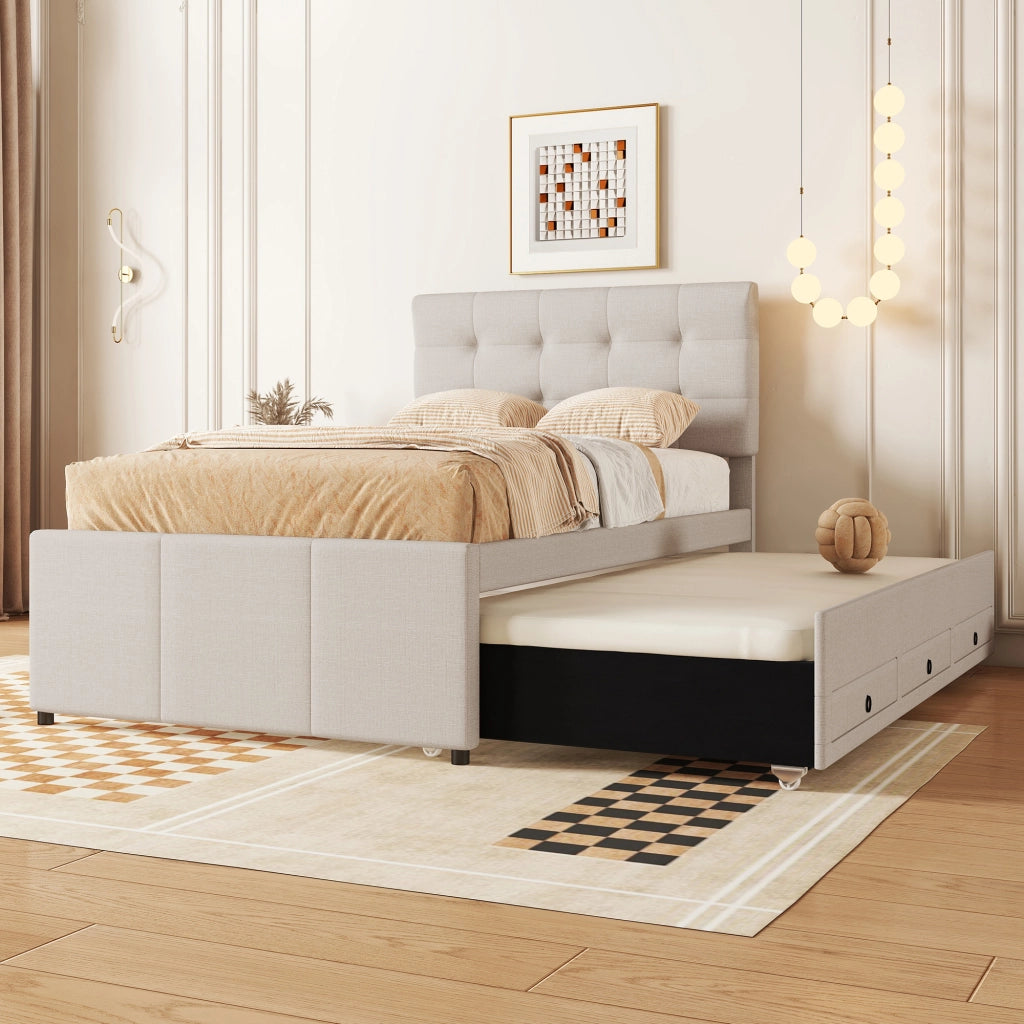 OKWISH Letto con Cassetti 90×200 cm, Letto Singolo con Letto estraibile, 3 Cassetti e Testiera Regolabile, senza Materasso, Beige