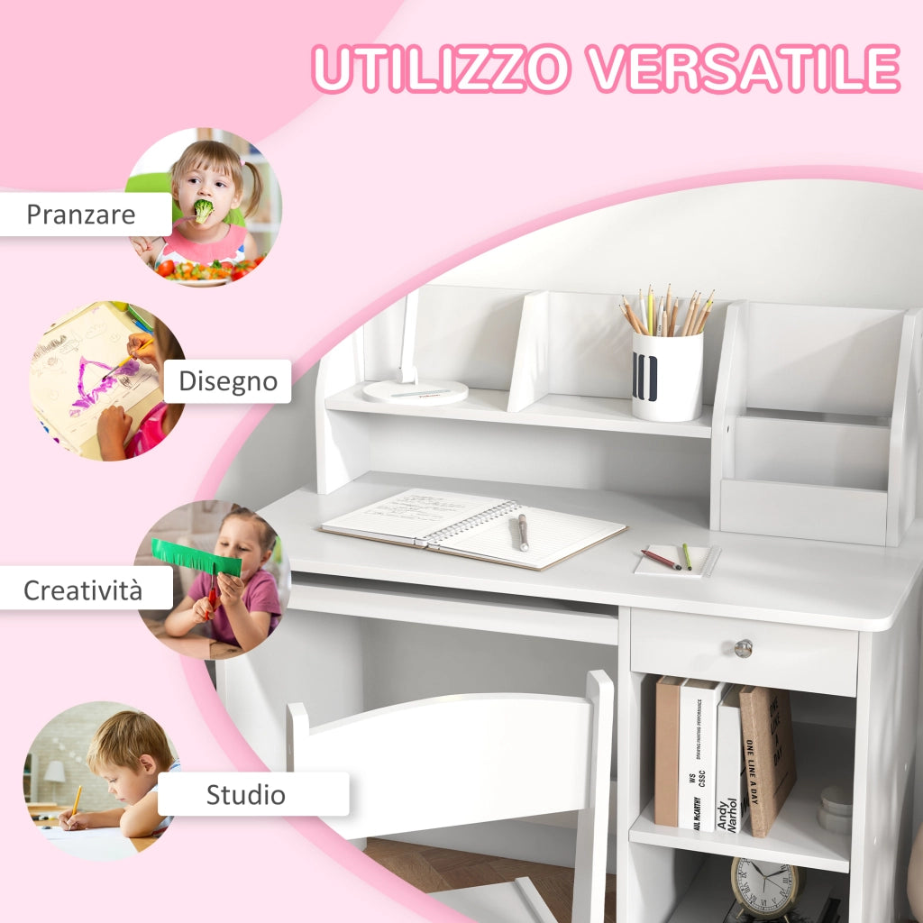 Banco Scuola e Sedia per Bambini da 5-8 Anni con Scaffale e Mensola Estraibile in Legno Bianco