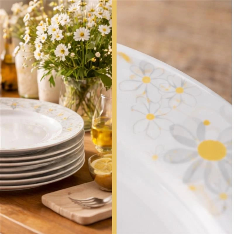 MA MAISON SERVIZIO PIATTI 18 PEZZI IN PORCELLANA CON MARGHERITE, SET TAVOLA 6 PERSONE 6 PIANI 6 FONDI 6 DESSERT BIANCO