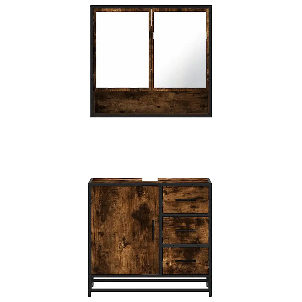 Set Mobili da Bagno | Armadio da bagno 2 pz Rovere Fumo in Legno Multistrato