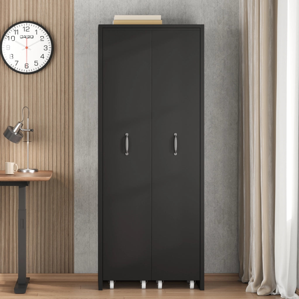 Libreria estraibile nera in MDF con ruote, 4 ripiani
