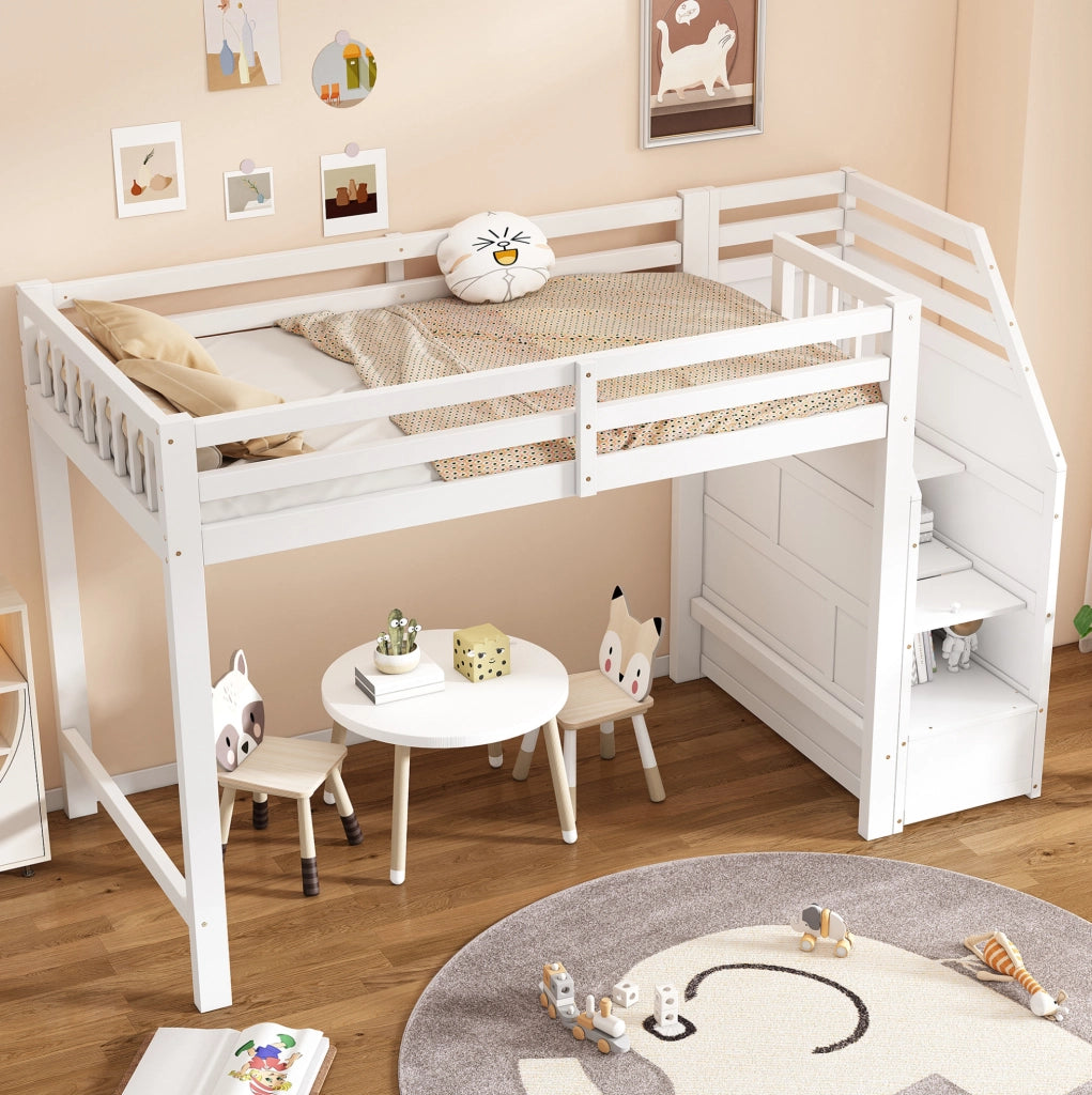 Letto a soppalco 90x200 cm con scala contenitore, bianco