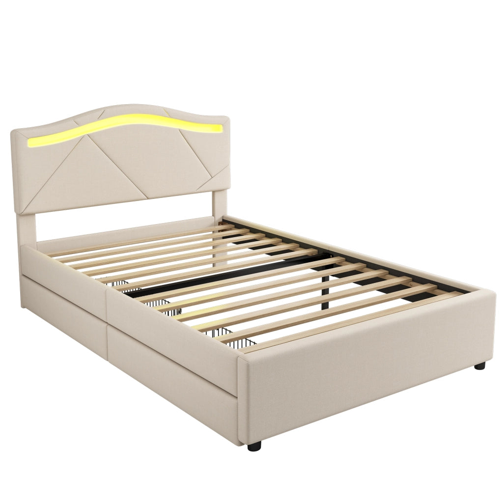 Letto imbottito 90x200 cm con rete a doghe, LED, 2 cassetti, testiera regolabile, beige