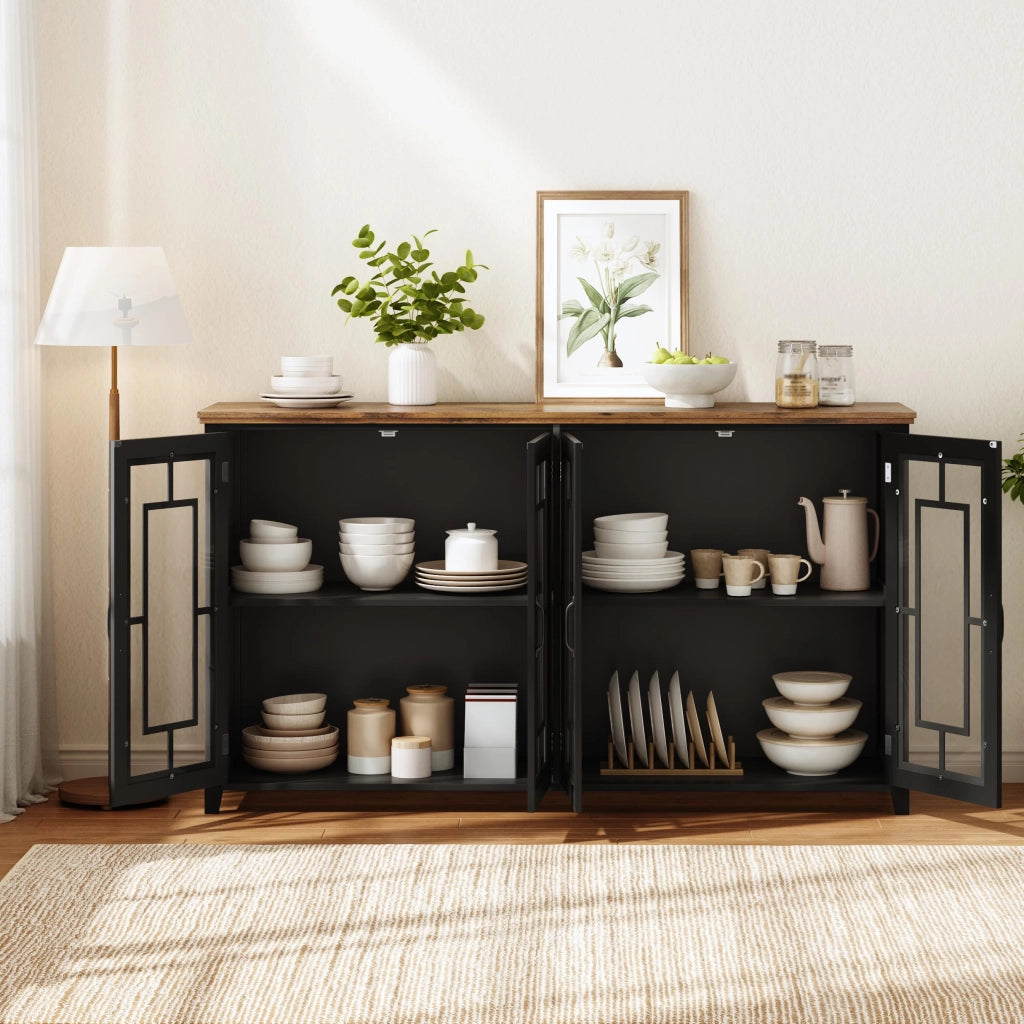 Sideboard da cucina 160 cm con ante in vetro, ampio spazio contenitivo e dispositivo antiribaltamento, nero