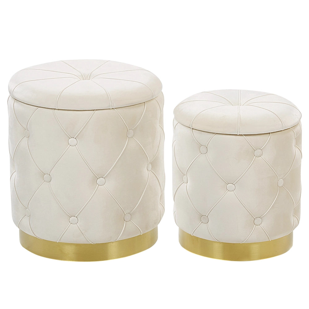 Set di pouf portaoggetti in velluto di poliestere bianco con rivestimento capitonnè base dorata design retrò
