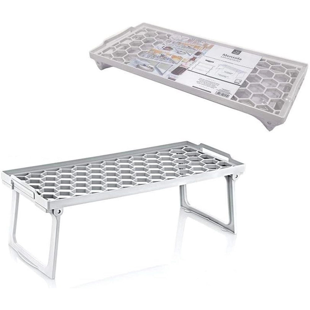 Trade Shop - Mensola Salvaspazio Pieghevole Impilabile Bianca 13x30cm Base Traforata Piedi Chiudibili -