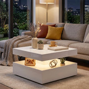 Tavolino basso con LED RGB e telecomando, 2 ripiani aperti, per soggiorno, in fibra di legno, bianco lucido, 78 × 78 cm