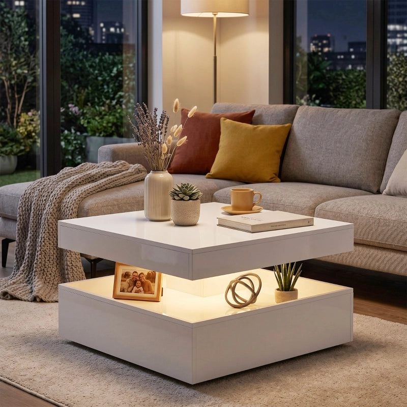 Tavolino basso con LED RGB e telecomando, 2 ripiani aperti, per soggiorno, in fibra di legno, bianco lucido, 78 × 78 cm