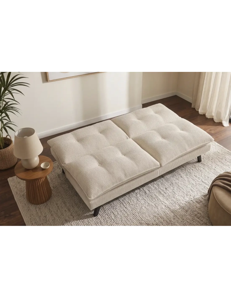 Divano letto AZENA 3 posti in tessuto a coste – Beige chiaro e nero – 190 x 80 x 90 cm