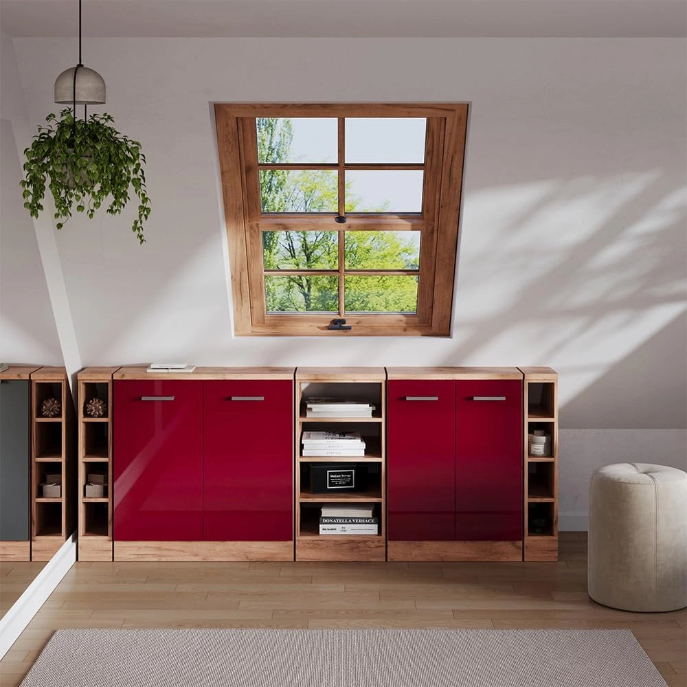 Set di mobili sottotetto Rion, Rosso lucido, 210 cm Set di 5 carcasse armadio profondità 60 cm, adatto per il salvaspazio sotto tetti spioventi