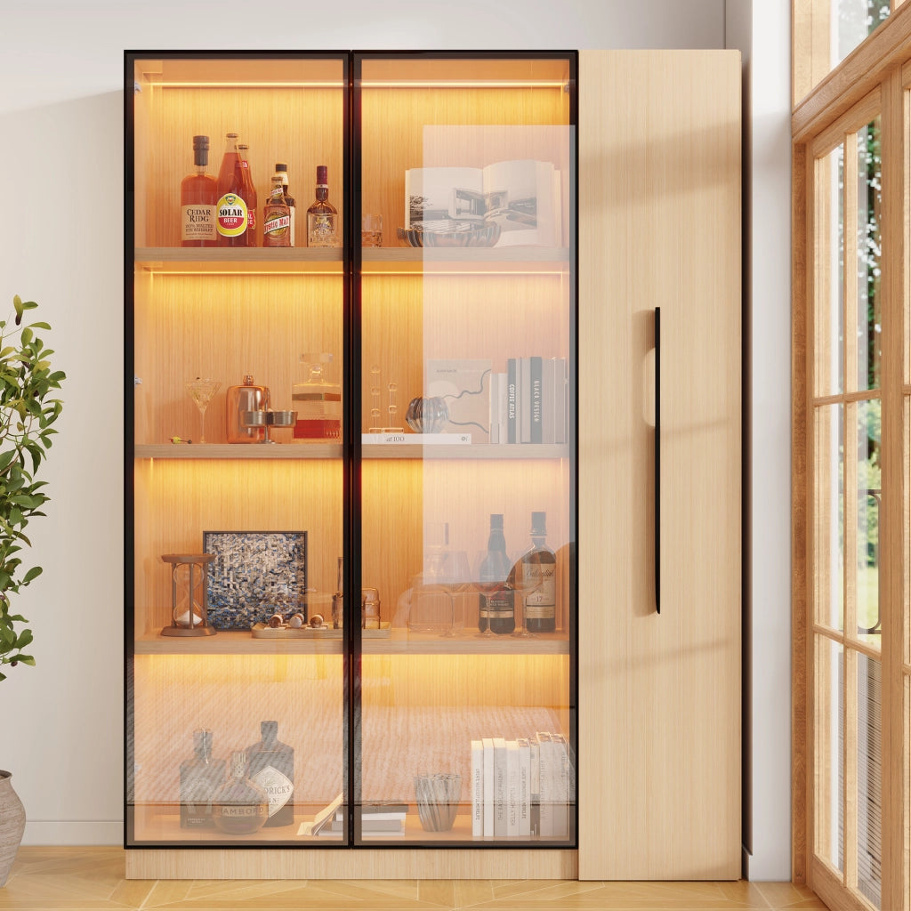 Libreria vetrina con LED e ripiano laterale estraibile, per soggiorno e ufficio, in MDF, rovere, 110,5 × 35 × 160 cm