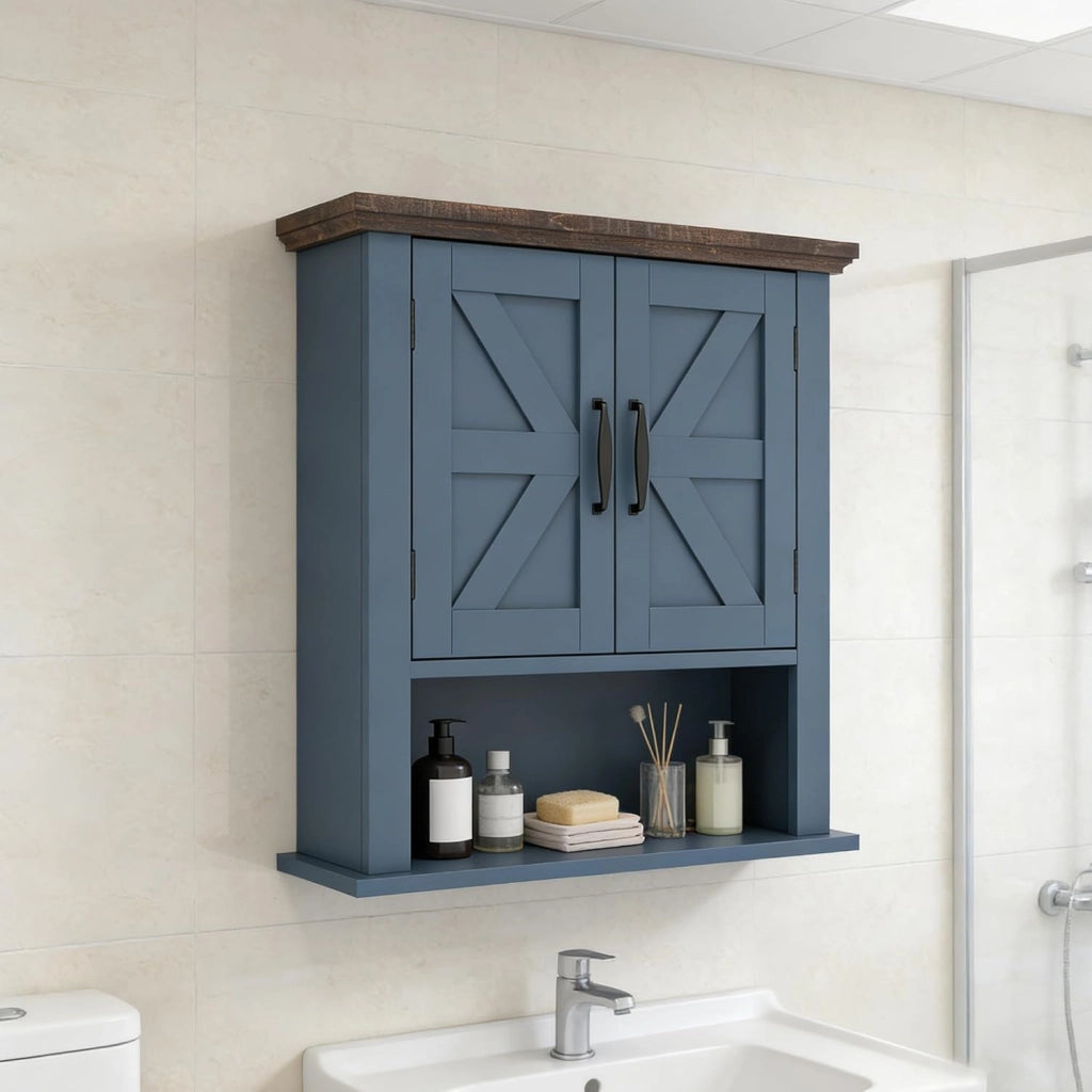 Armadio da parete per bagno, pensile con 2 ante e 1 scomparto aperto, stile fienile, mensola regolabile, 55 x 19 x 60 cm, organizer per cucina, ingresso, lavanderia