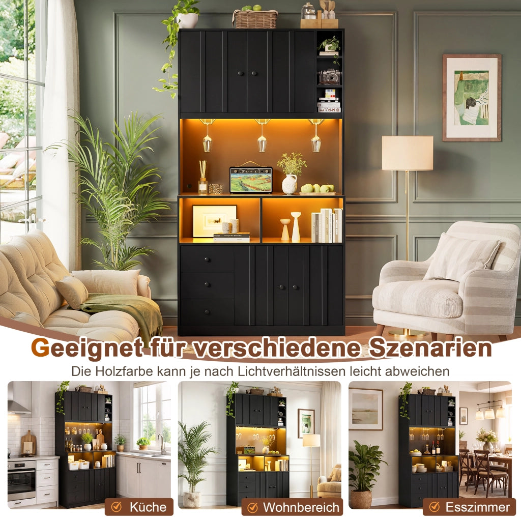 Credenza alta con vetrina, prese USB e RGB LED, per cucina e sala da pranzo, in MDF nero, 100 × 40 × 180 cm