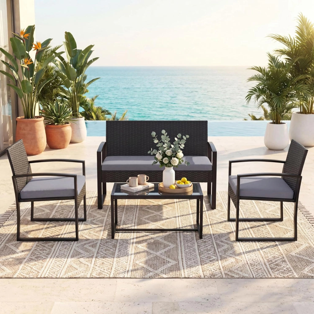 Set di Salotto da Esterno in Rattan PE, Mobili da Giardino con Divano 2 Posti, 2 Poltrone, Tavolino in Vetro Temperato e Cuscini Morbidi, Set Salottino per Terrazza, Balcone, Piscina (Grigio)