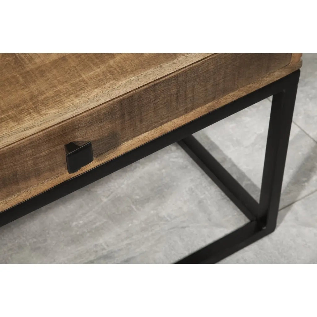 Tavolino LODEN 100 cm in legno massiccio di mango con vani contenitori e metallo nero - stile industriale