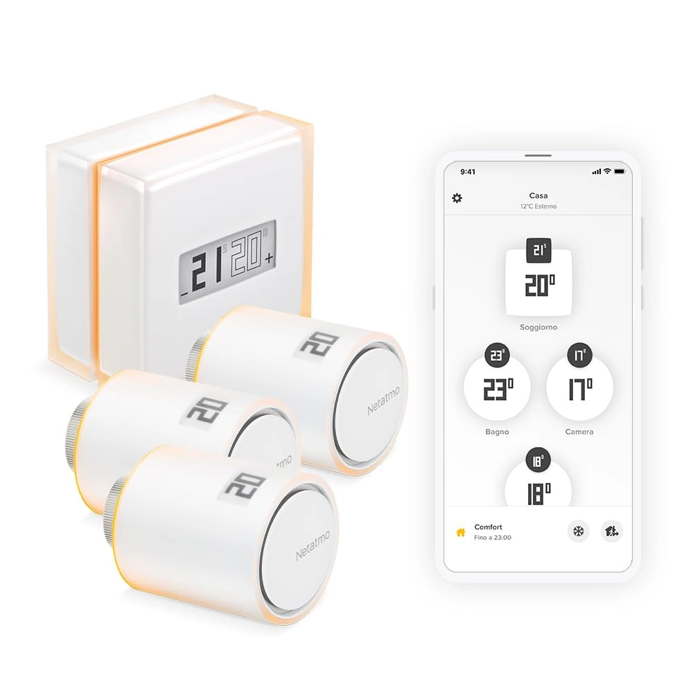 Smart Thermostat Pack + 3 teste termostatiche connesse e intelligenti, Wifi, controllo remoto tramite App, compatibile con il riscaldamento individuale, NBU-NTH-NAV-EU