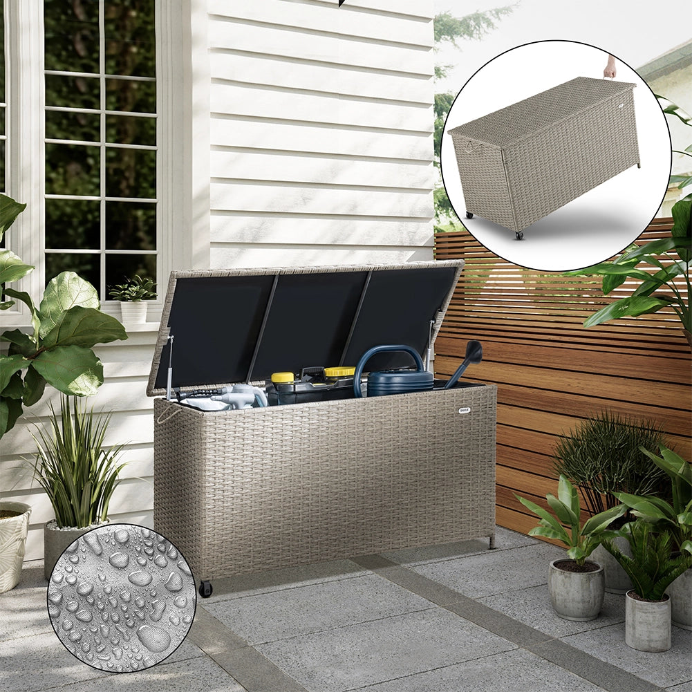 Baule Portaoggetti da Giardino Cassapanca Polyrattan Impermeabile 2 Ruote Crema