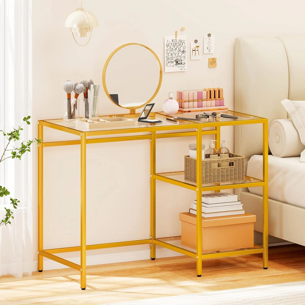 Scrivania con 2 Ripiani, Scrivania in Vetro Temperato e Acciaio, Scrittoio Salvaspazio e Moderno, Tavolo Versatile per Ingresso, Camera da Letto e Studio 106 x 51 x 77 cm (Oro)