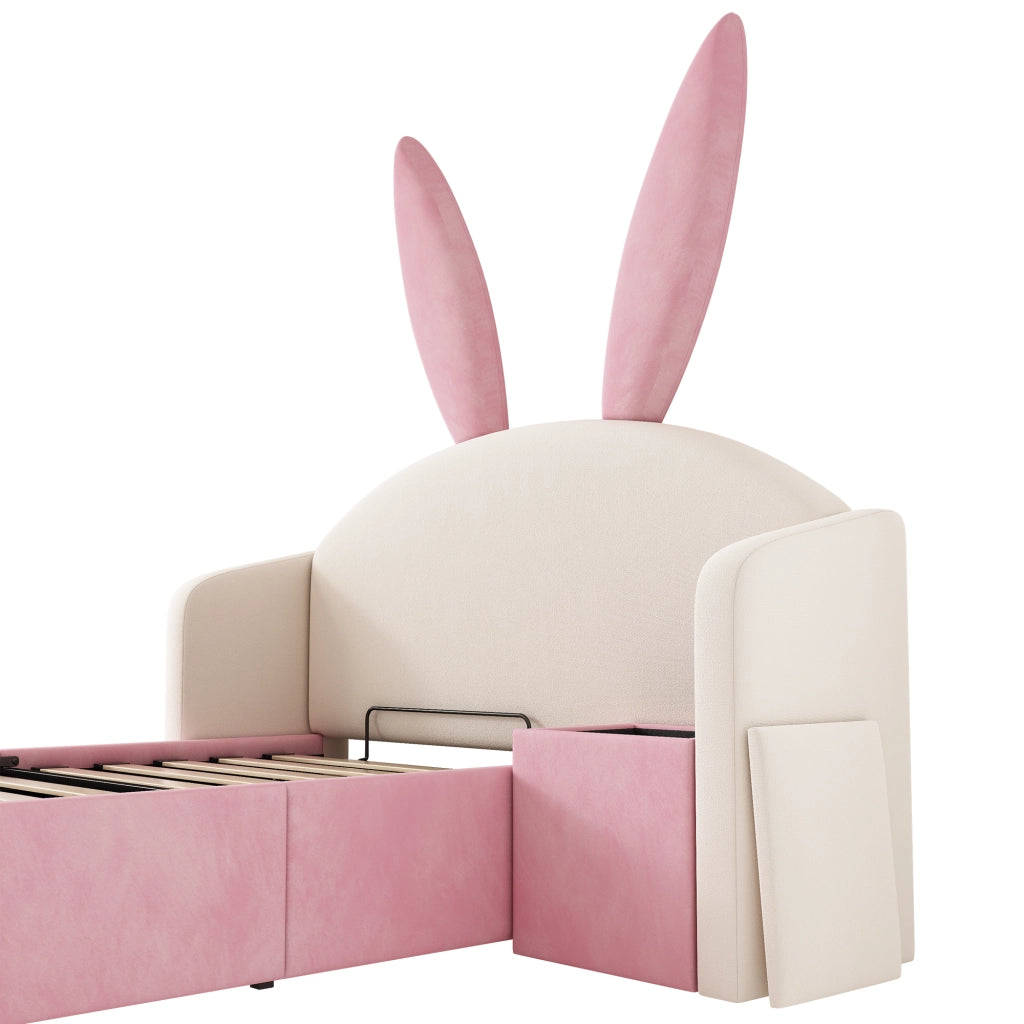 Letto per bambini 90 × 200 cm con contenitore idraulico, comodino reversibile, senza materasso, velluto, beige e rosa
