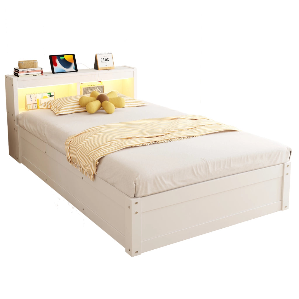 Letto Singolo 90 x 200 cm con Contenitore; Presa; LED e Scomparti in MDF; Bianco