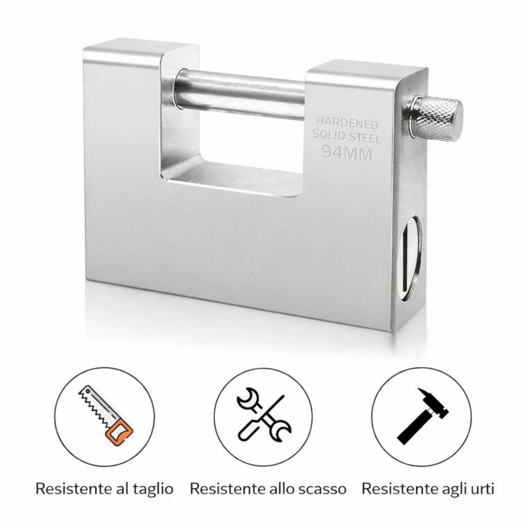 Lucchetto Corazzato in Acciaio Temprato 94 mm Antiscasso con Catenaccio e 5 Chiavi 310573