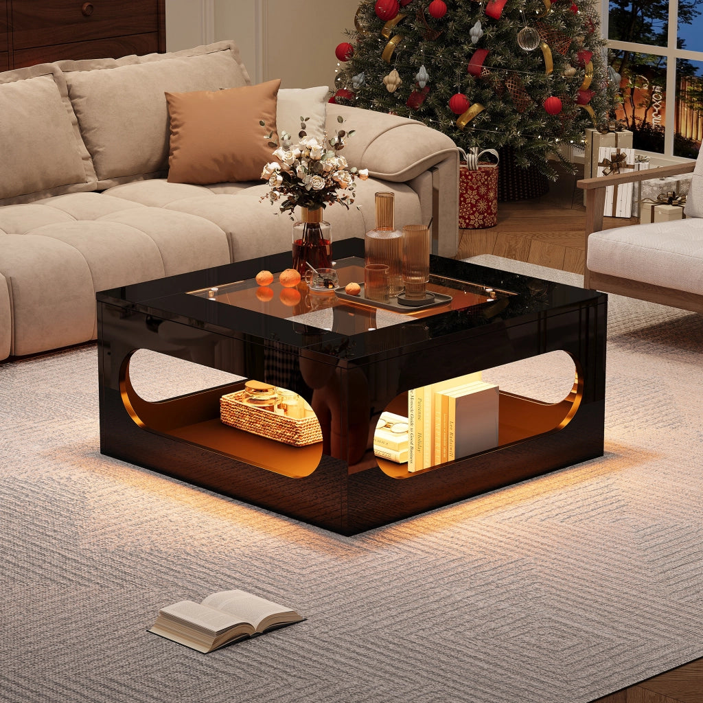 Tavolino da caffè con vano centrale e LED; per soggiorno; in MDF e vetro; 70×70×35 cm; nero
