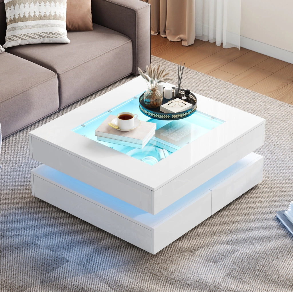 Tavolino da caffè 70x70x35 cm con illuminazione LED; 3 cassetti; vetro e pannello truciolare bianco
