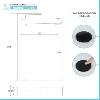 Miscelatore lavabo alto nero opaco con piletta clic clac Kubo