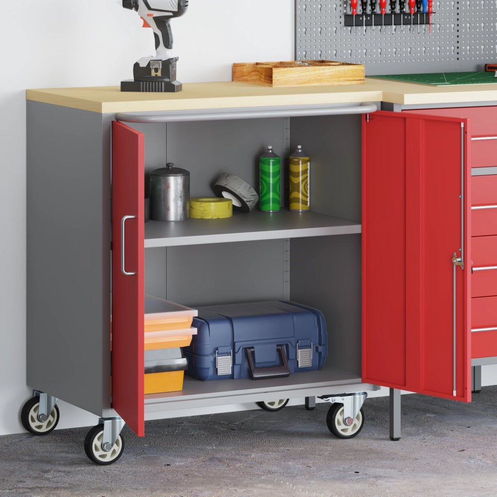 Mobile per Attrezzi con Ruote e Porte Rosse e Grigie Bloccabili 75x45x85 cm Acciaio