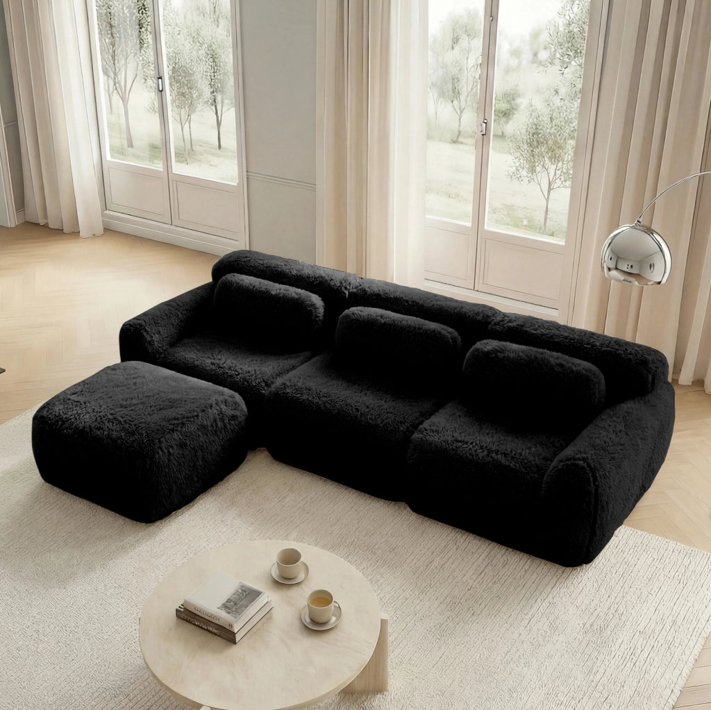 Divano modulare angolare a L 291x179x73 cm in tessuto peluche nero; senza montaggio