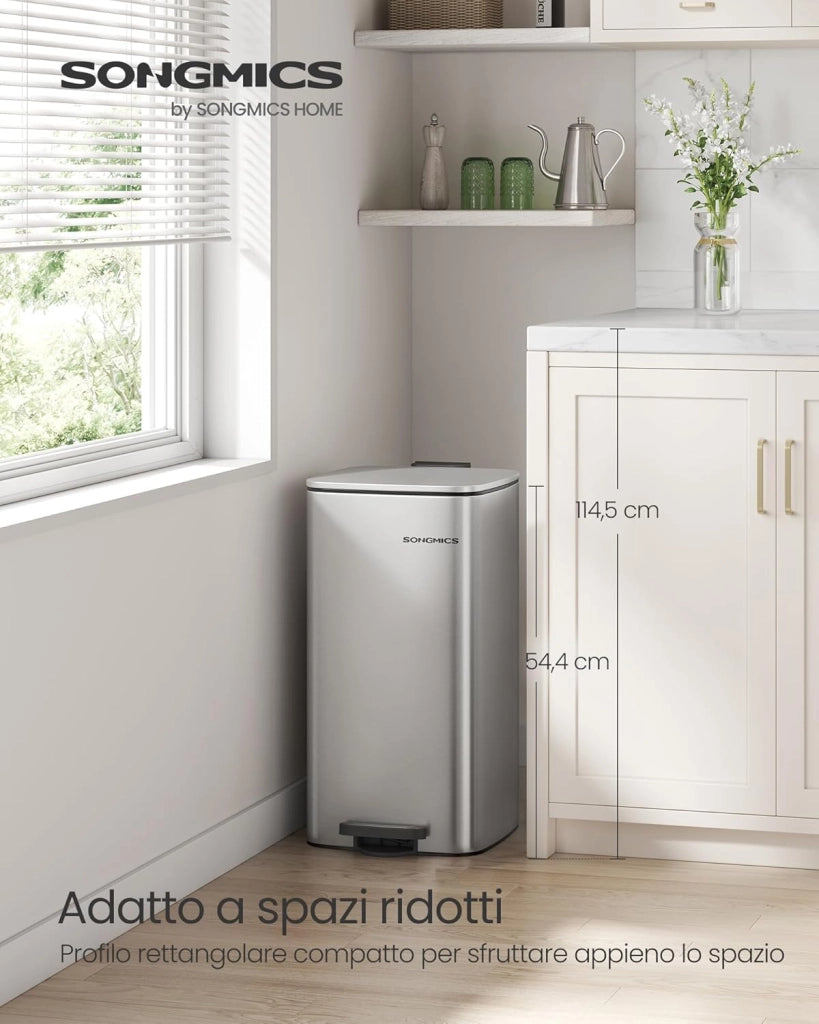 SONGMICS Pattumiera da Cucina, Cestino da 30 L, Cestino a Pedale in Acciaio, con Secchio Interno, Chiusura Morbida e Resta Aperto, Argento Metallizzato LTB593E01