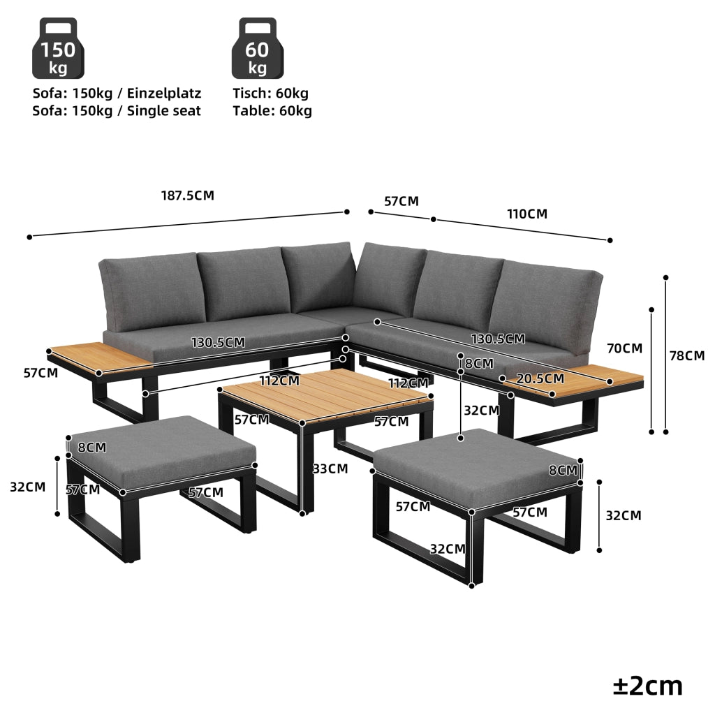 Set Lounge Divano Angolare da Giardino Esterno 6 Pezzi con Tavolino e Cuscini ¨C MINIMAL ¨C Acciaio, Grigio/Beige