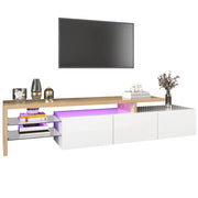 Mobile TV 197.5x39x42 cm; 3 vani con ripiani in vetro e LED a 7 colori; MDF e vetro; colore naturale e bianco