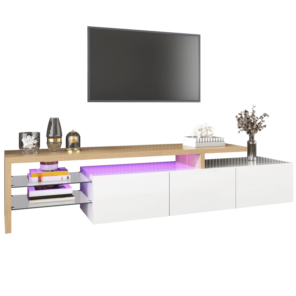 Mobile TV 197.5x39x42 cm; 3 vani con ripiani in vetro e LED a 7 colori; MDF e vetro; colore naturale e bianco